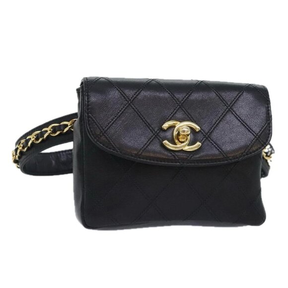 CHANEL Bicolore Chain Waist bag Leather Black Gold CC Auth 90785AM - Picture 1 of 16